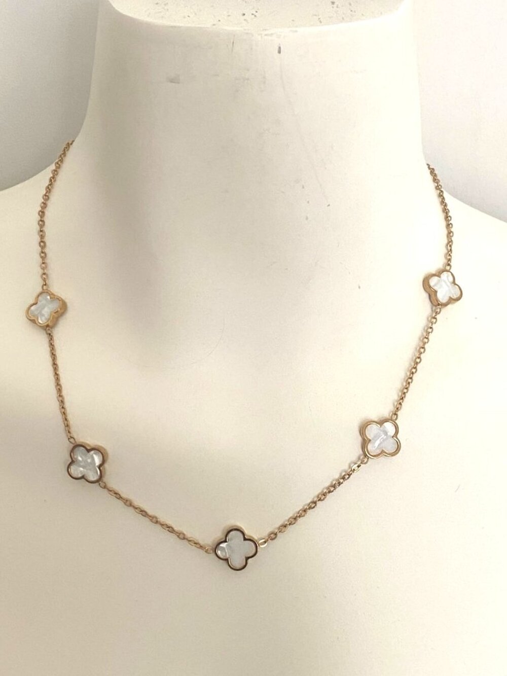 White Enamel Multiple Clover Necklace 18K Gold PVD Hypoallergenic NEW